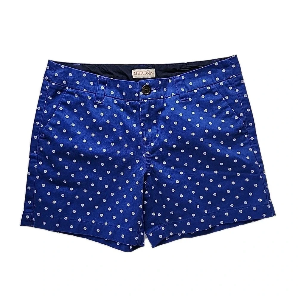 Merona‎ Women's 2 Chino Shorts Blue w/White Poka Dots 100% Cotton Mid-Rise CUTE!